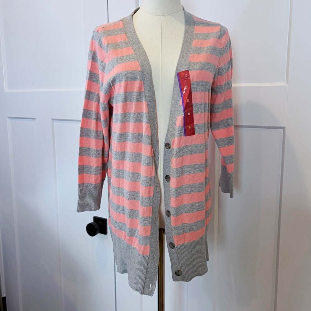 Mossimo Supply Co Women's Pink Gray Striped Knit V-Neck Cardigan Sweater XL
